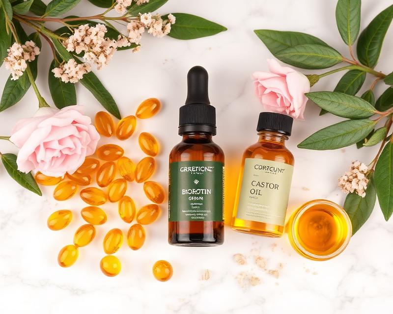 Ingredientes naturales del serum Lashmax: biotina, aceite de ricino y vitamina E